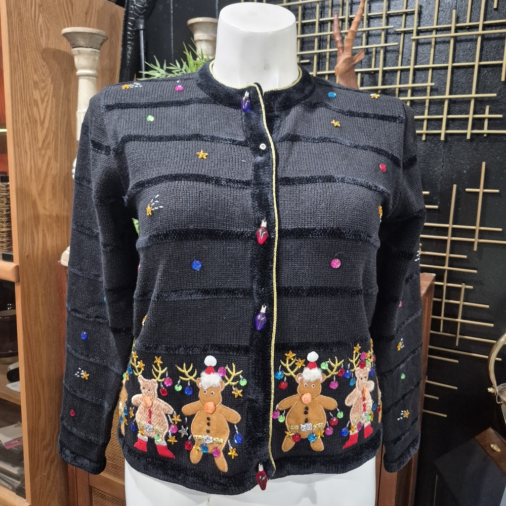 Festive Black Holiday Jacket with Embroidered Reindeer - Picture 2 of 14